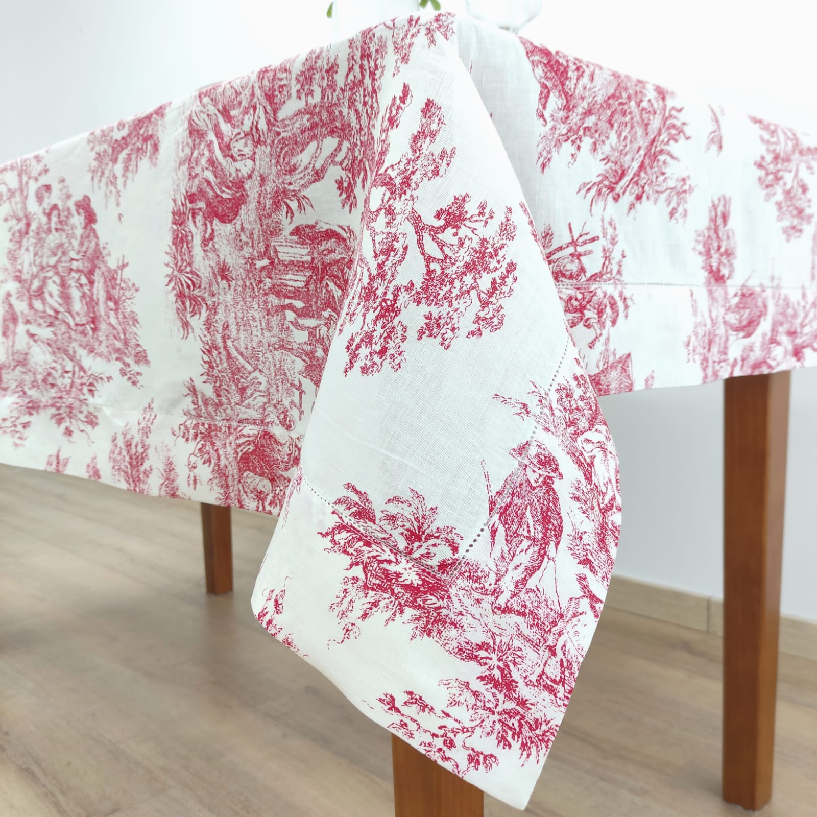 Toalha de Mesa Linho COL Toile de Jouy Red Ponto Aberto