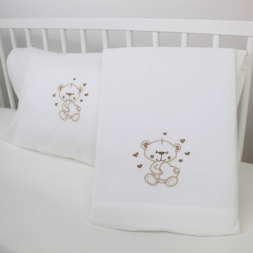Jogo de Cama Bebé Flanela Urso e Corações