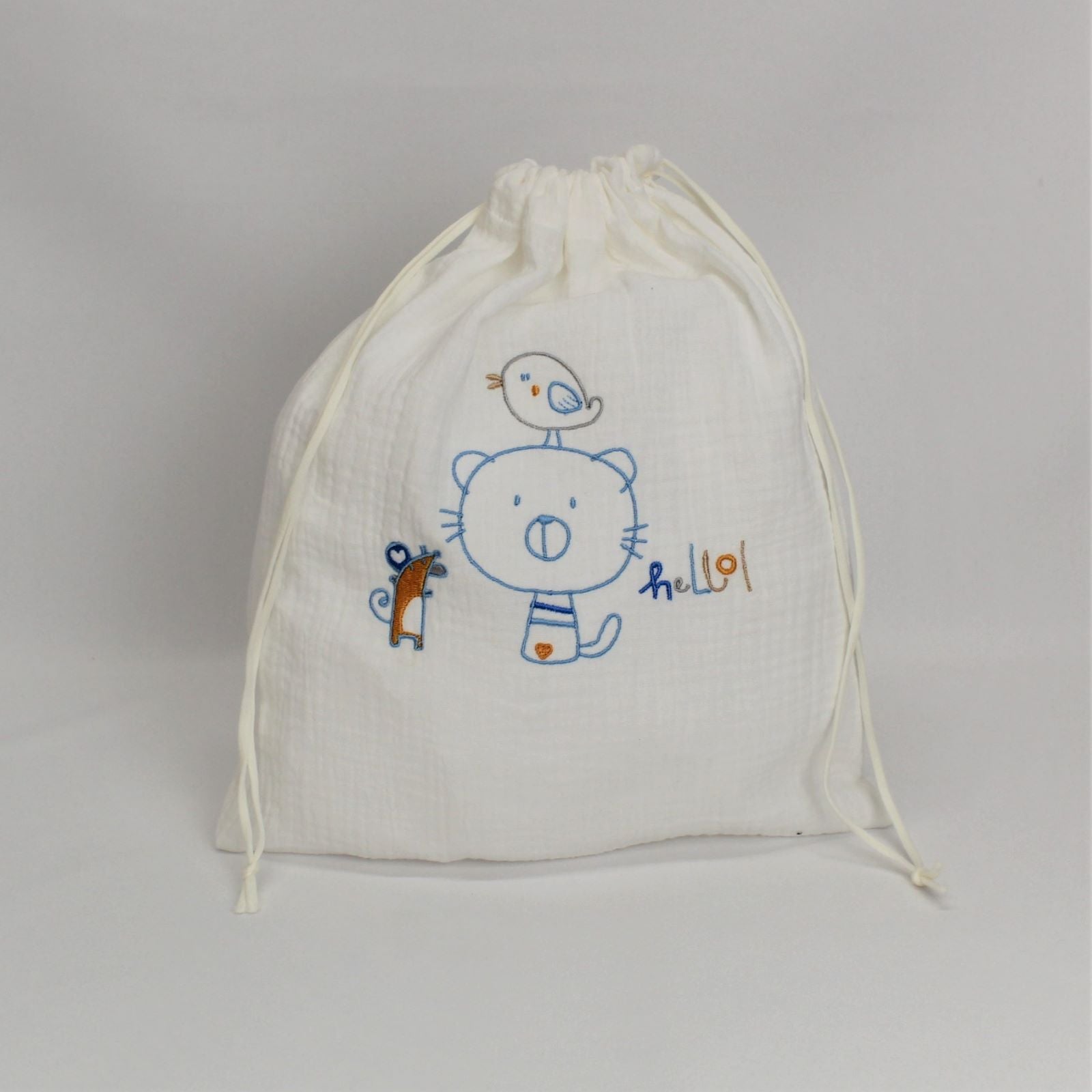 Saquinho Bebé Musselina Gato Branco Personalizável