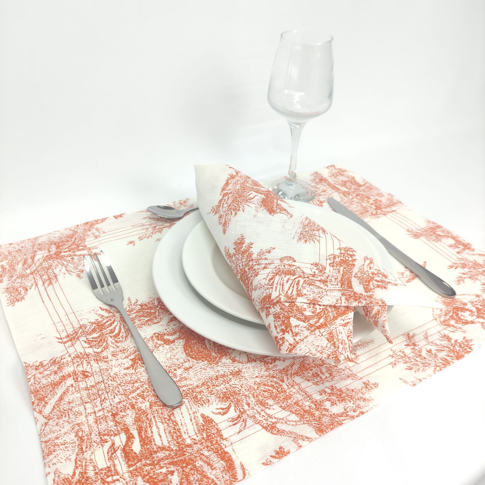 Individual Linho Toile de Jouy Terracota Four Line
