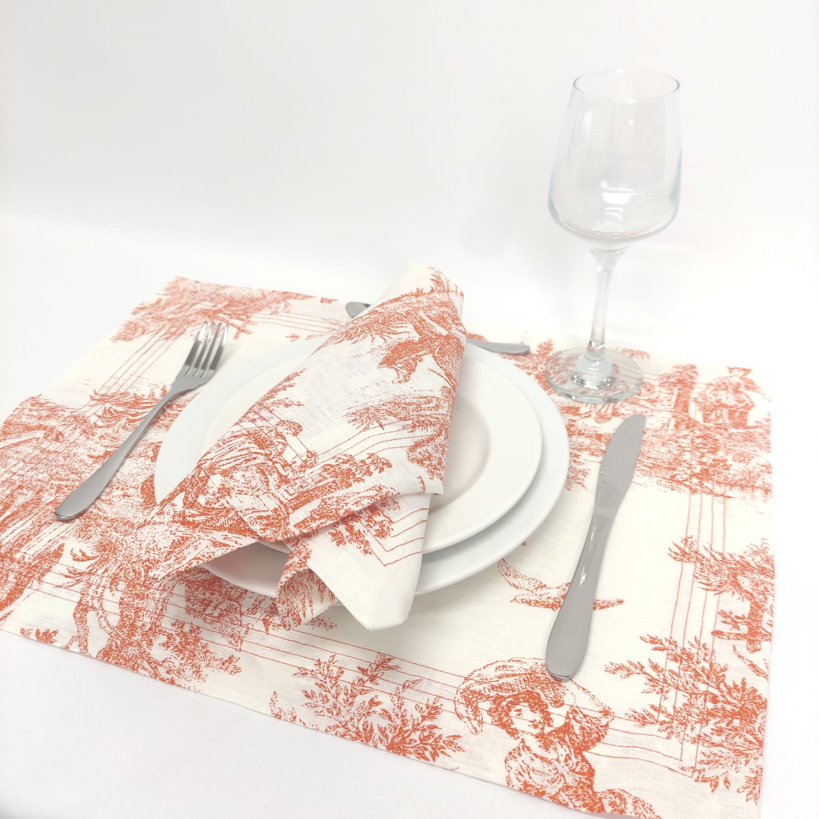 Individual Linho Toile de Jouy Terracota Four Line