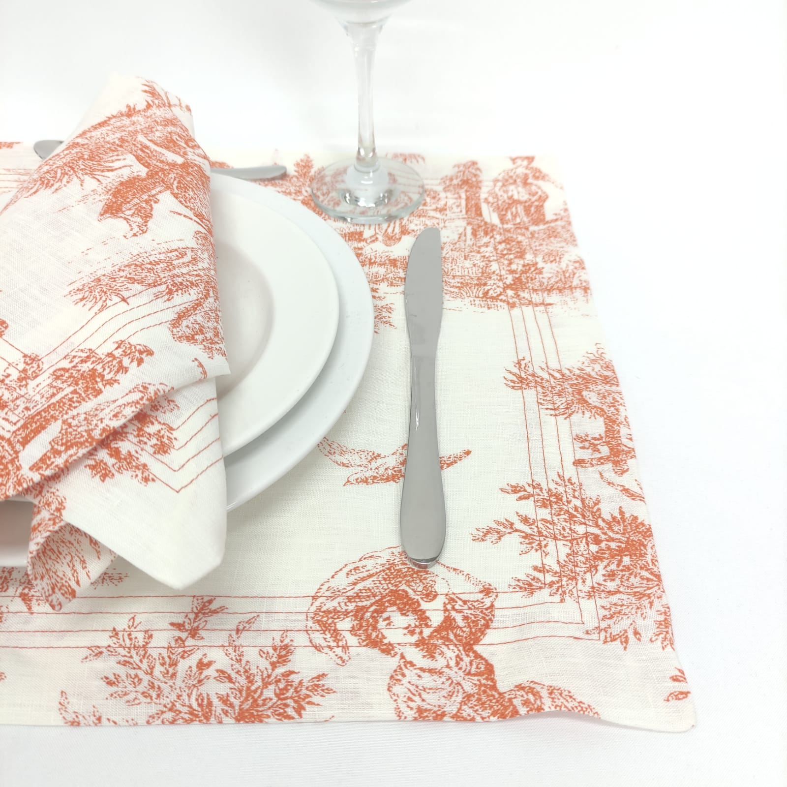 Individual Linho Toile de Jouy Terracota Four Line