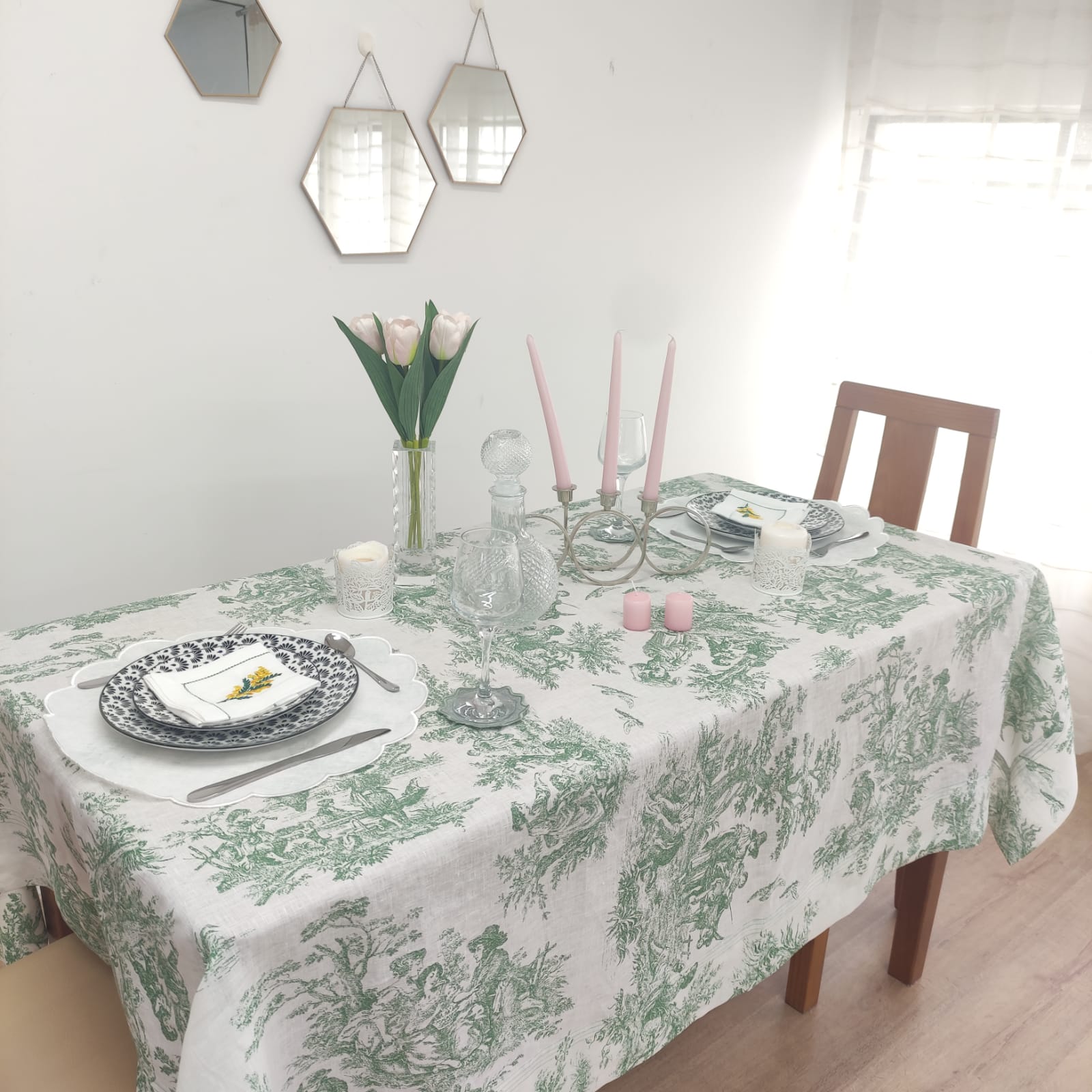 Toalha de Mesa Toile de Jouy Green Four Lines