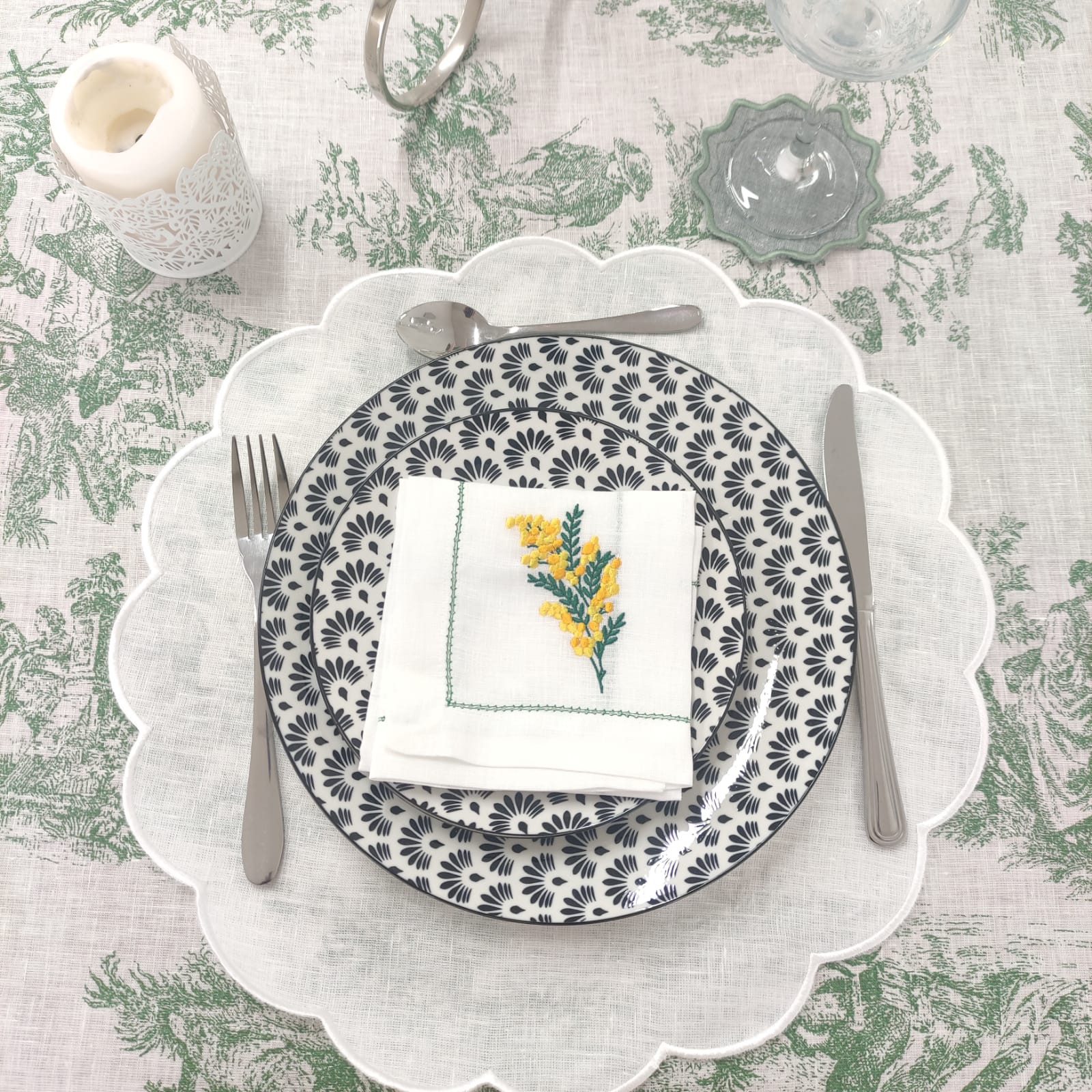 Toalha de Mesa Toile de Jouy Green Four Lines