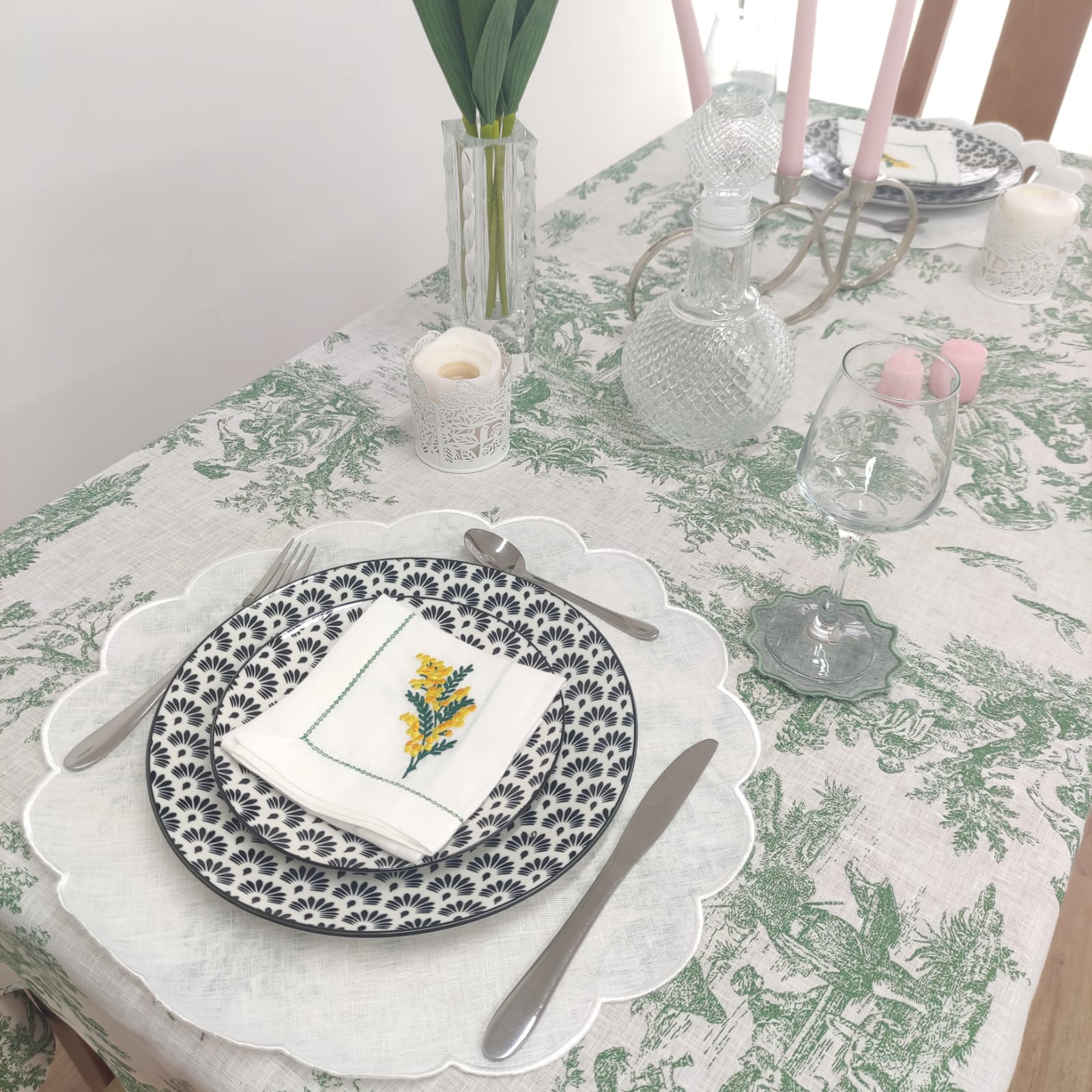 Toalha de Mesa Toile de Jouy Green Four Lines