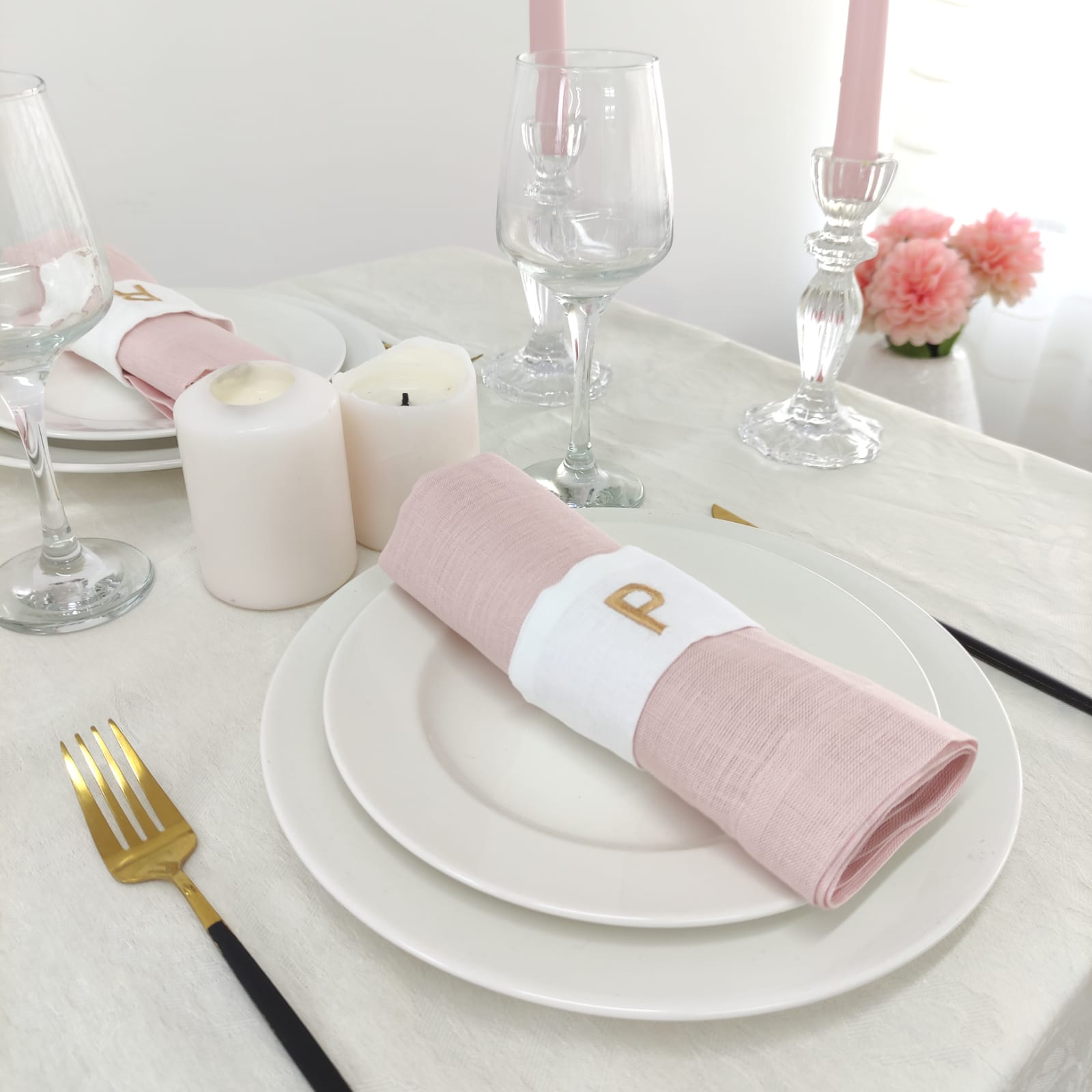 Porta Guardanapo Linho e Bordado Dourado